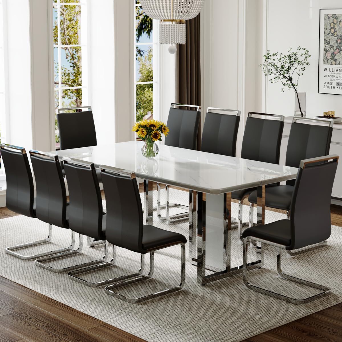 79" Black Modern Dining Table Set for 8,Black Golden Chairs