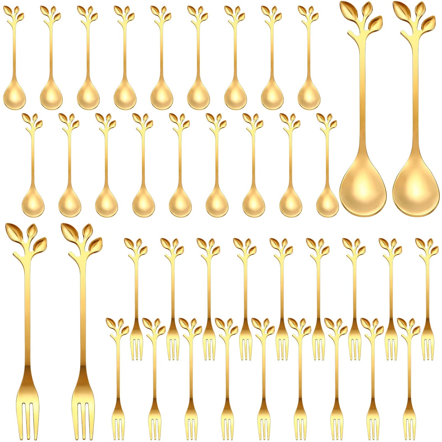 Stainless Steel Leaf Coffee Spoon and Appetizer Fork Tableware (Gold, 40 Pieces)