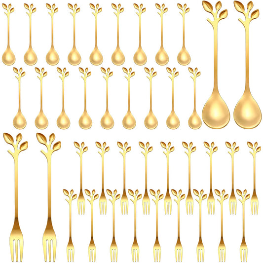 Stainless Steel Leaf Coffee Spoon and Appetizer Fork Tableware (Gold, 40 Pieces)