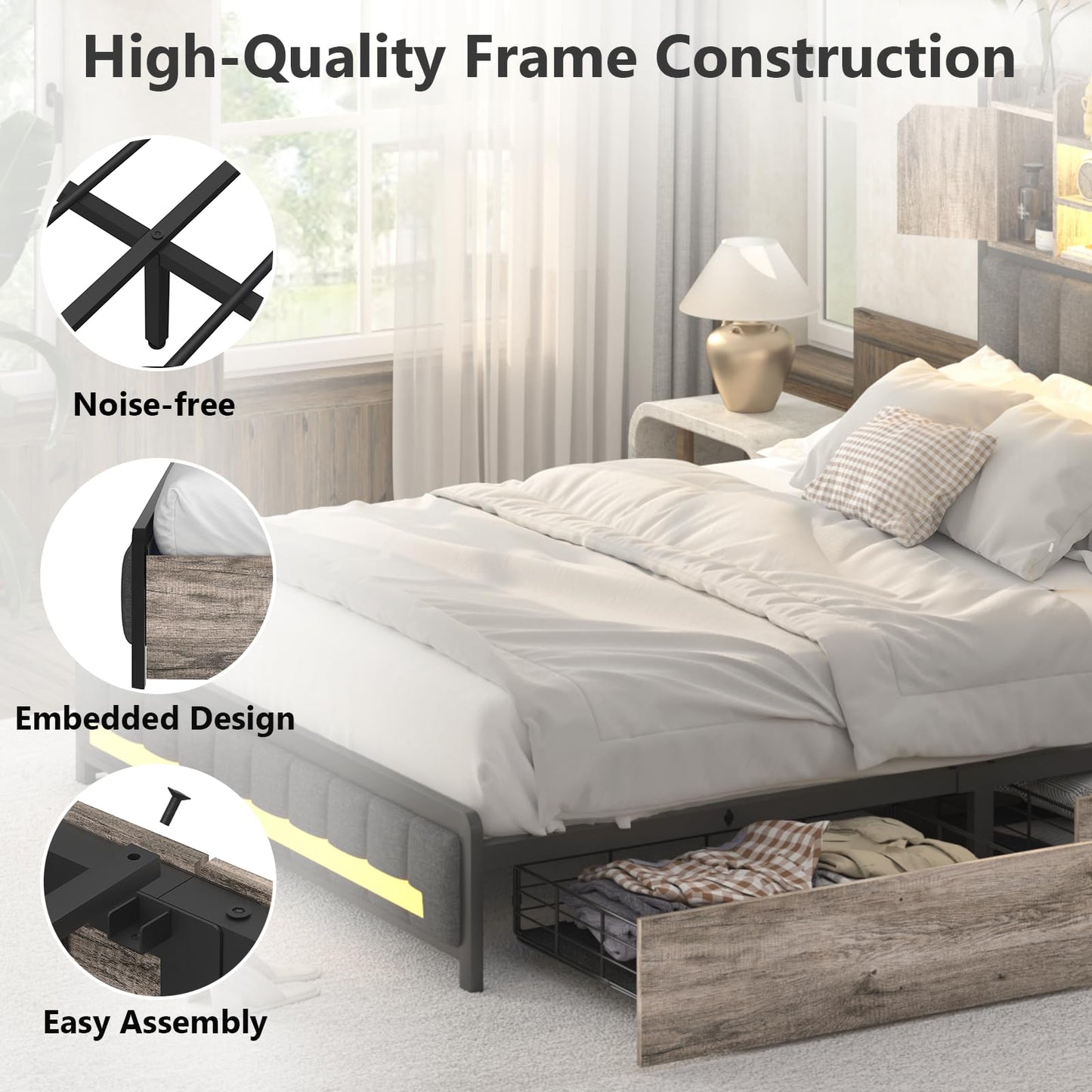 King LED Upholstered Metal Bed Frame with Storage Headboard