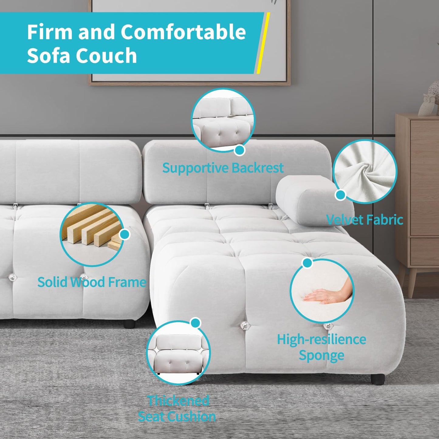 103" W Convertible Modular Sectional Sofa, Luxury Modern 4-Seater Bubble Sofa