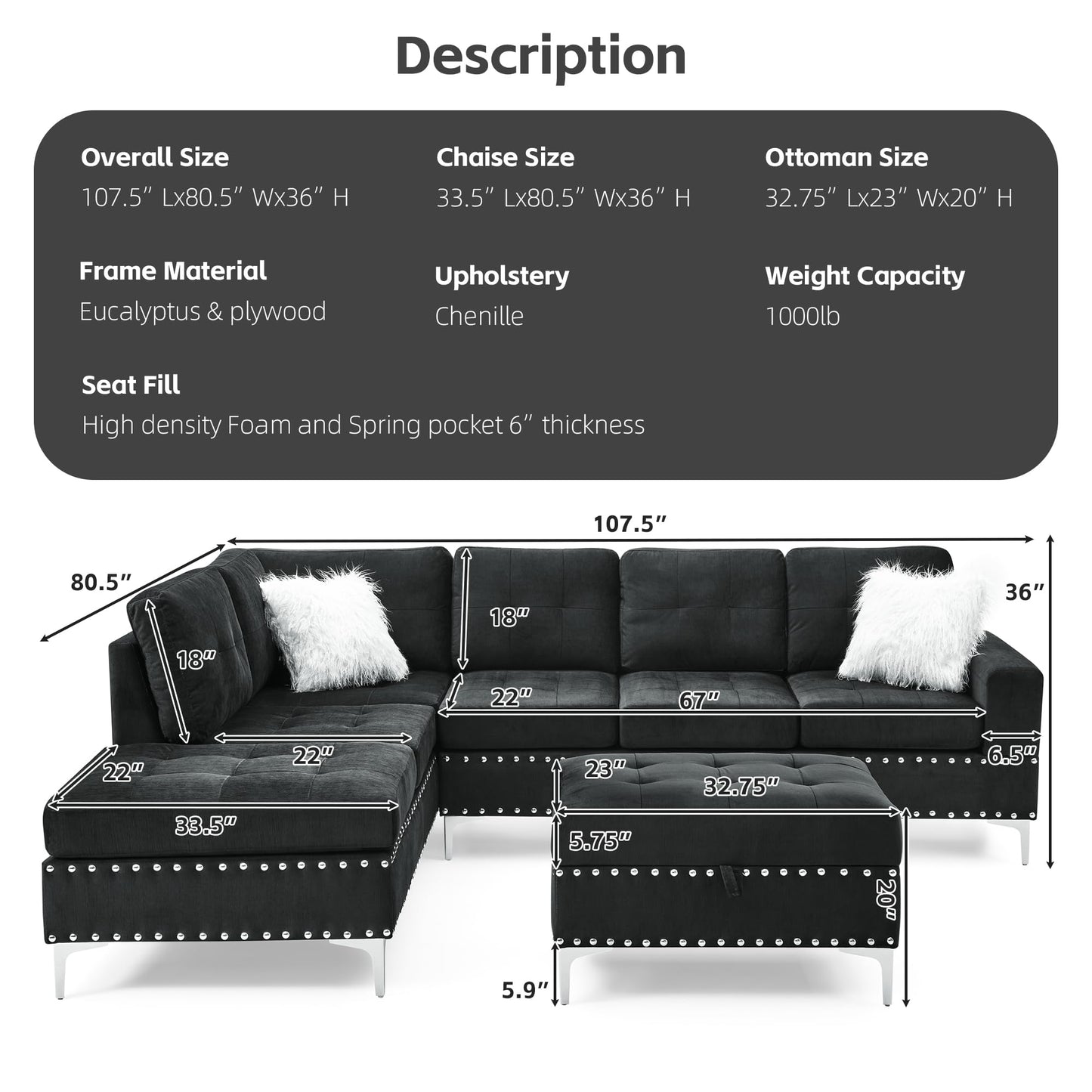 L-Shape Sectional 3-Seater Sofa with Extra Wide Reversible Chaise