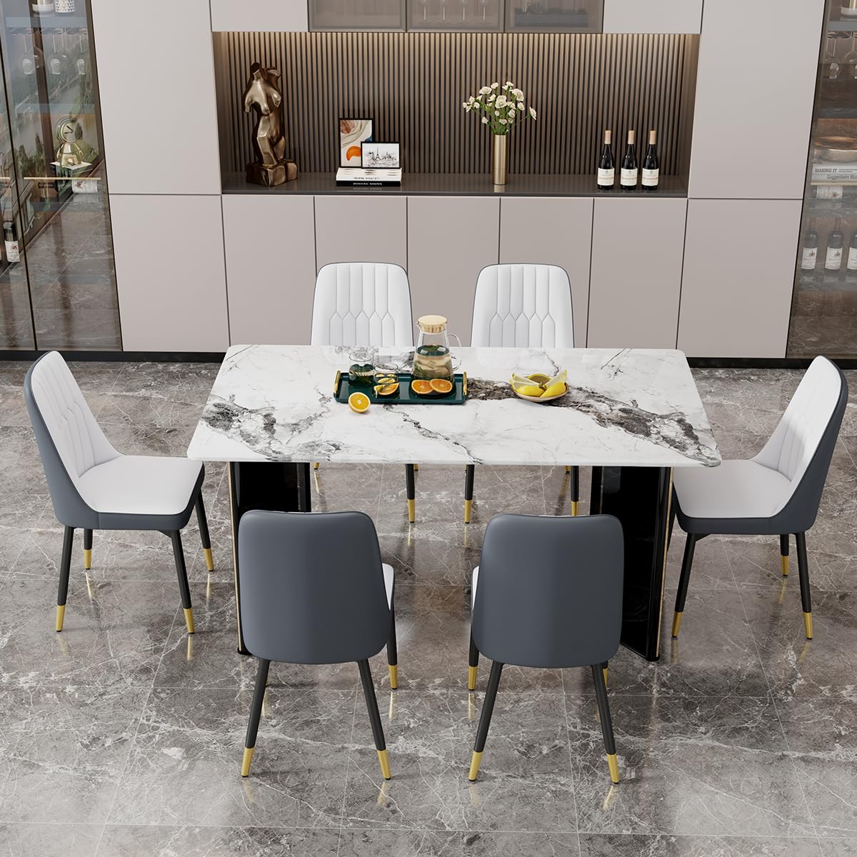 Dining Table Set for 6, White Faux Marble Pattern Table with 6 Modern Dining Chairs