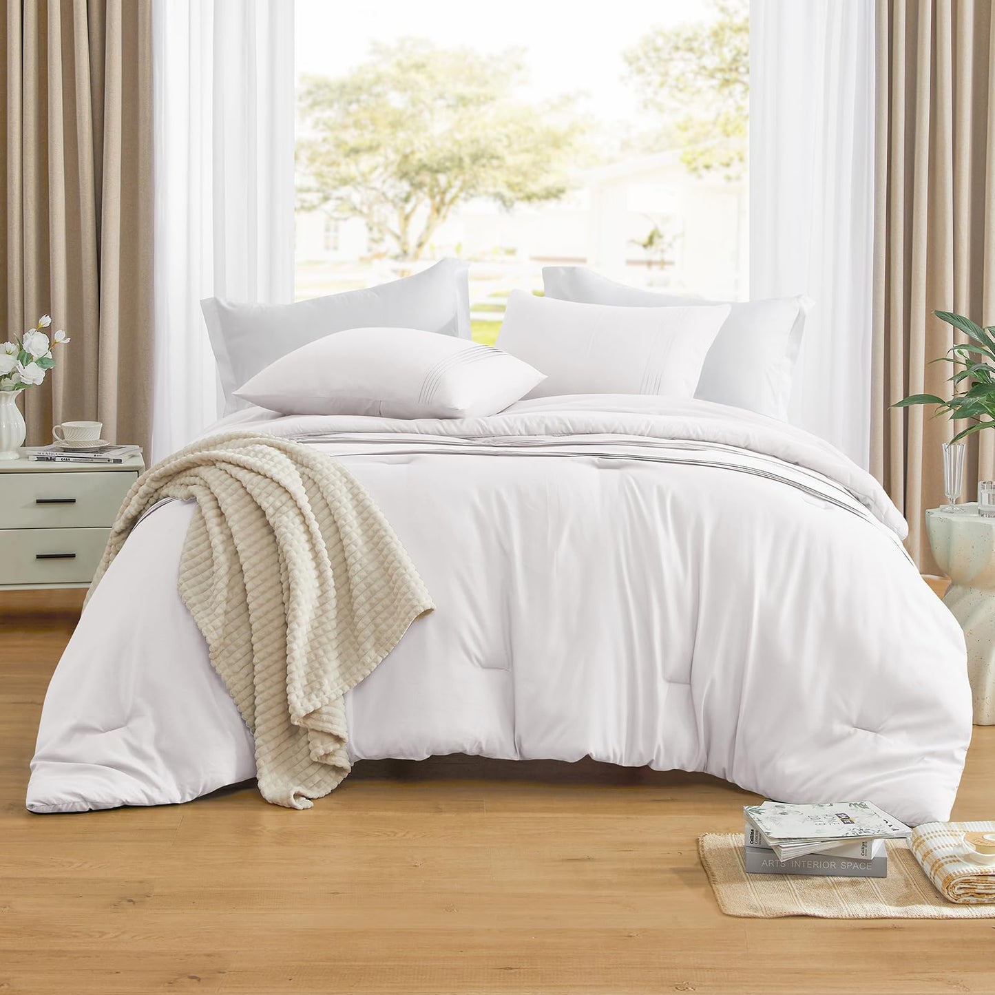 Lightweight Beige Comforter Set Queen Size, Fluffy Comforters