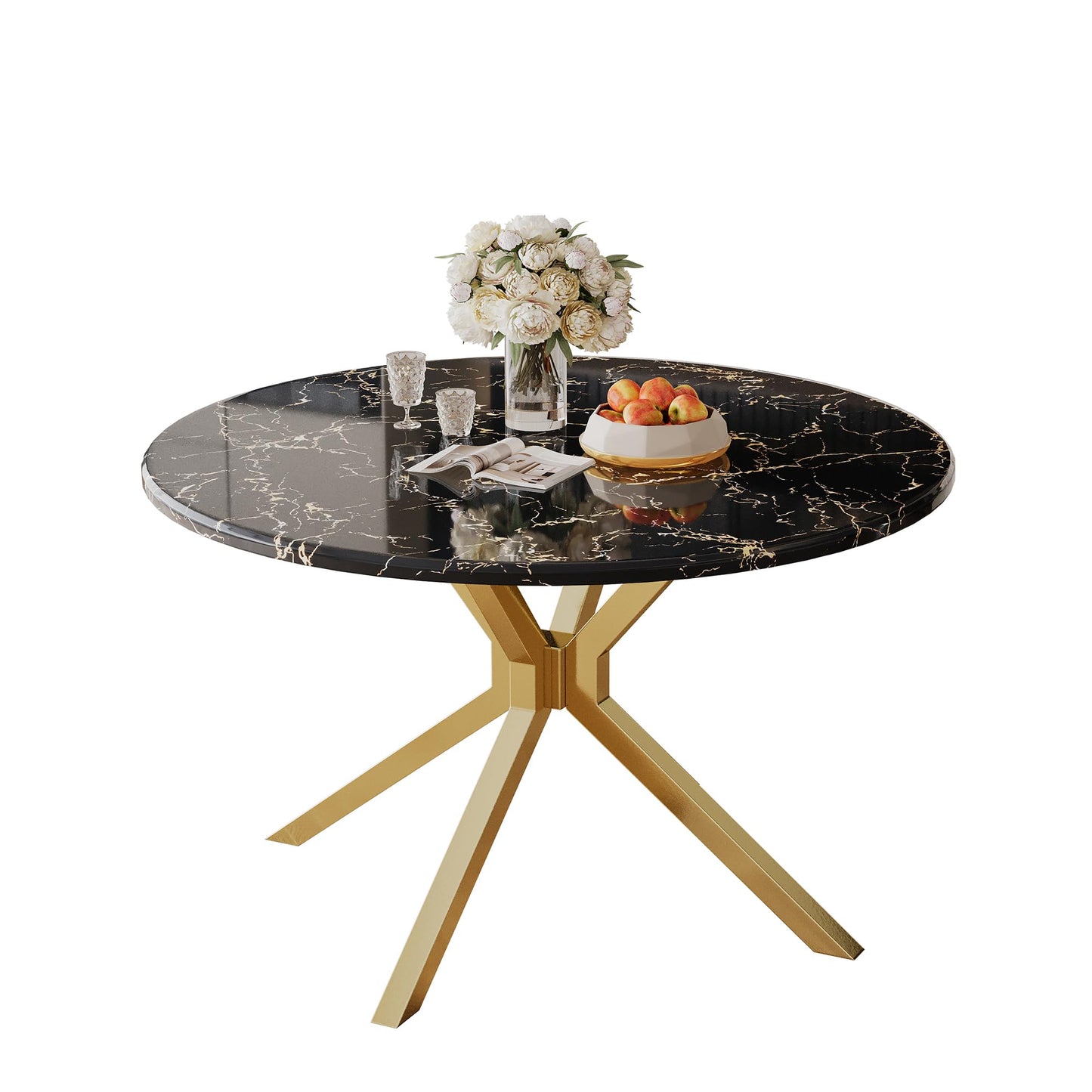 70 Inch White Marble Kitchen Table with Gold Mirrored Cabriole Legs