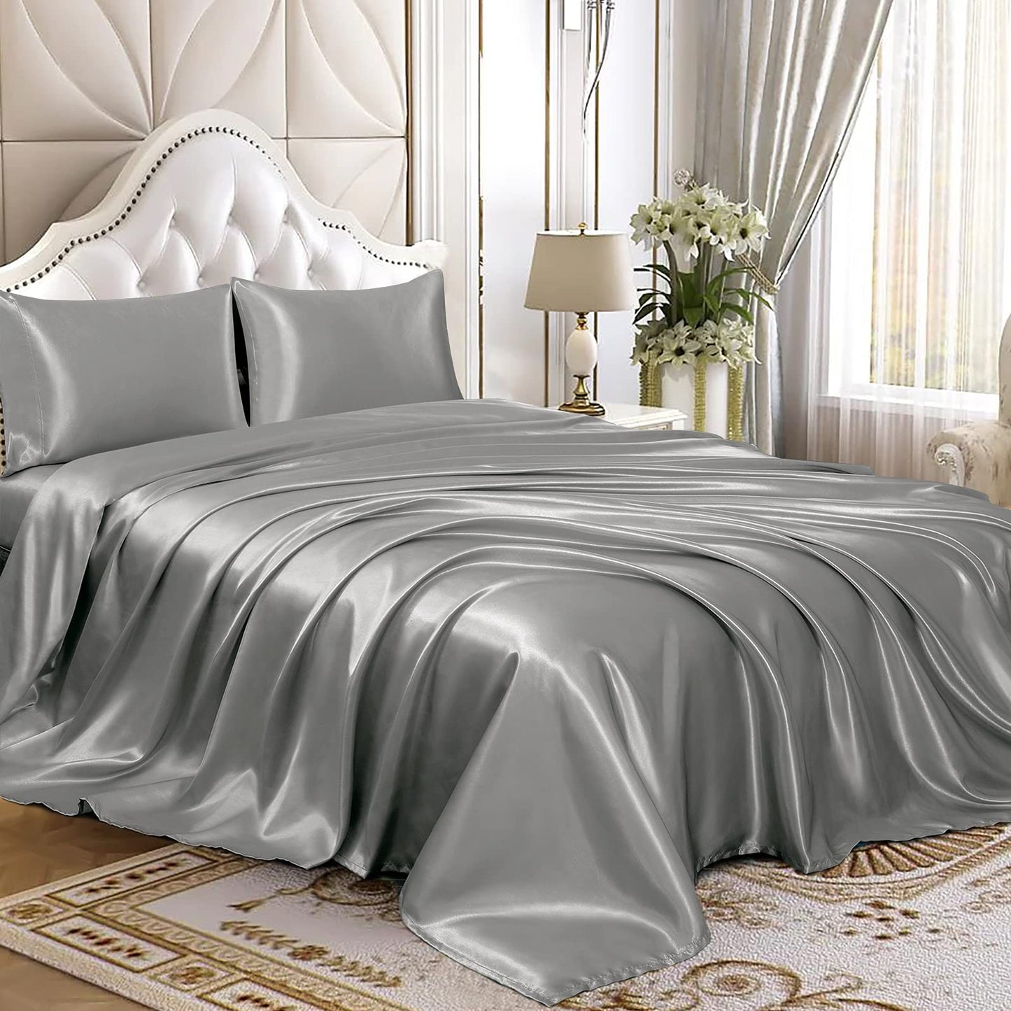 4pcs Satin Sheets Set Luxury Silky Satin Bedding Set with Deep Pocket