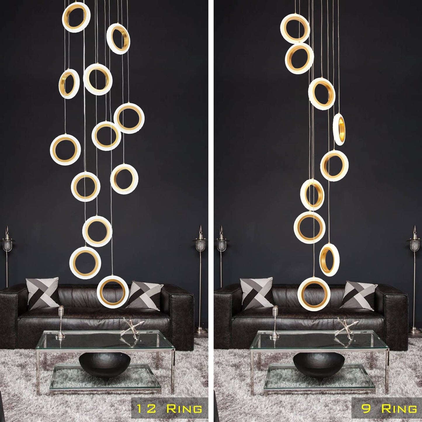 Gold Staircase Hanging 12 Ring Long Led Chandelier Dimmable with Remote Controller