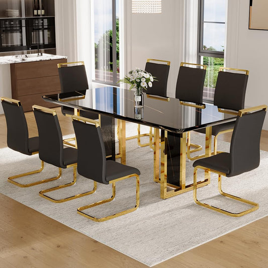 79" Black Modern Dining Table Set for 8,Black Golden Chairs