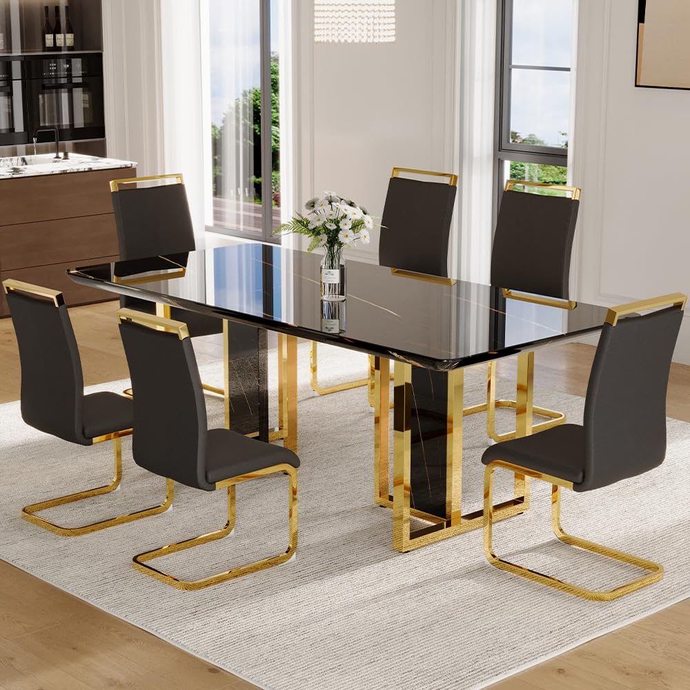 79" Black Modern Dining Table Set for 8,Black Golden Chairs