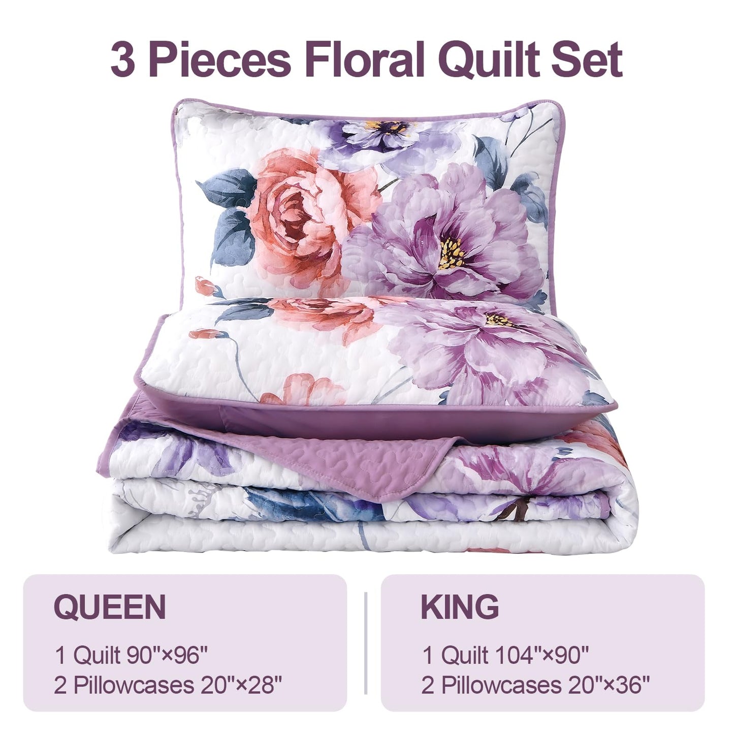 Purple Floral Quilt Set Queen Size, 3 Pieces Botanical Flower Printed