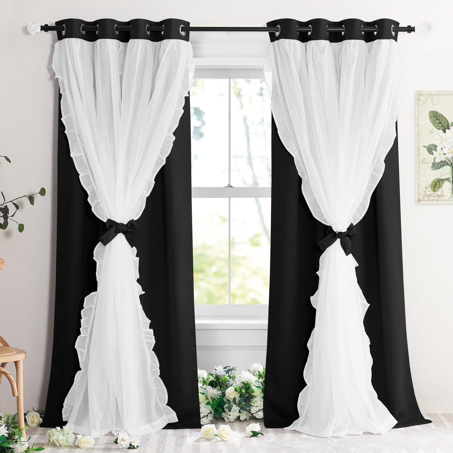 Blackout Window Treatment Double Layer Drapes Ruffle Sheer Overlay 2 Panels