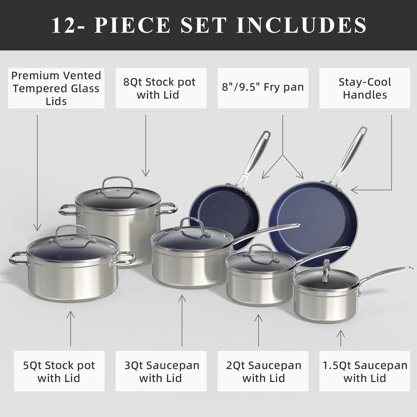 Ceramic Nonstick Cookware Set, Diamond Infused Scratch-Resistant