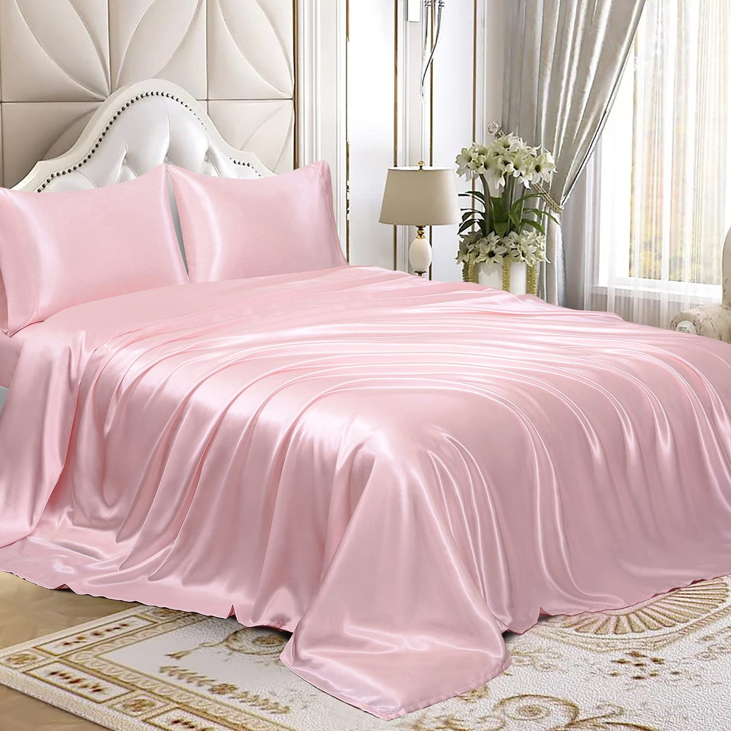 4pcs Satin Sheets Set Luxury Silky Satin Bedding Set with Deep Pocket