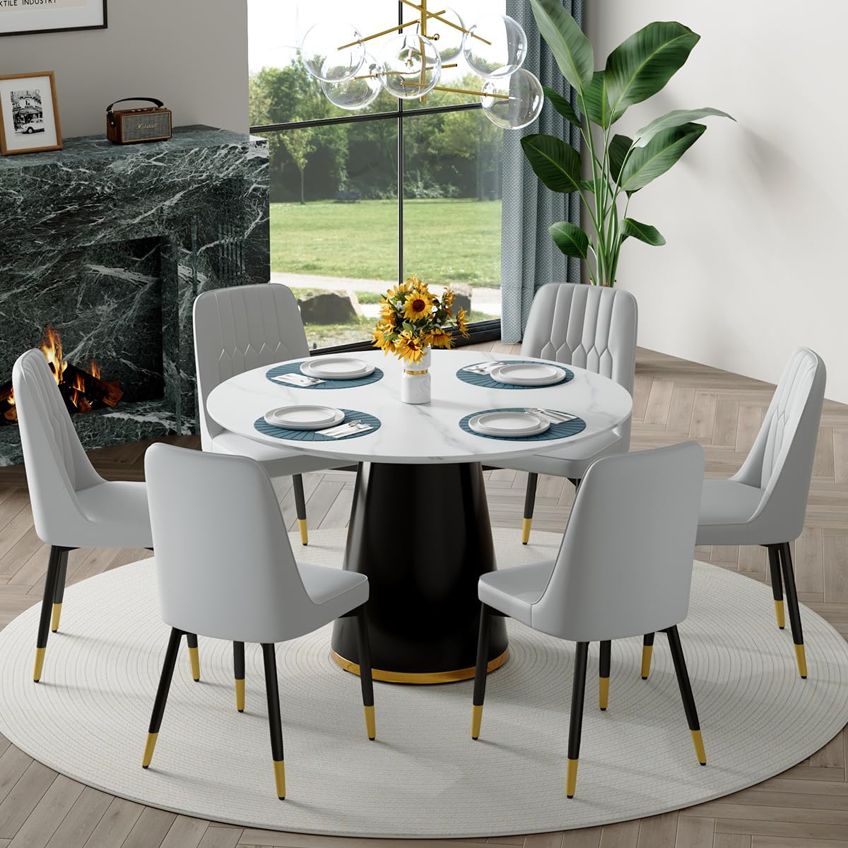 Round Dining Table Set for 6, 45''Round Wooden Dining Set