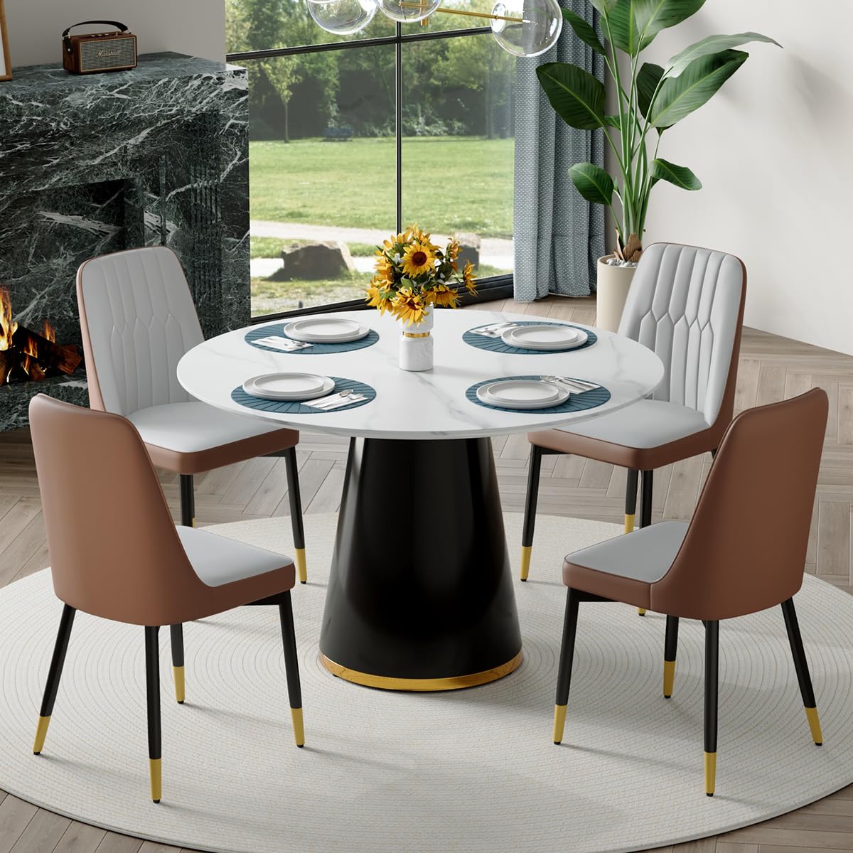 Round Dining Table Set for 6, 45''Round Wooden Dining Set