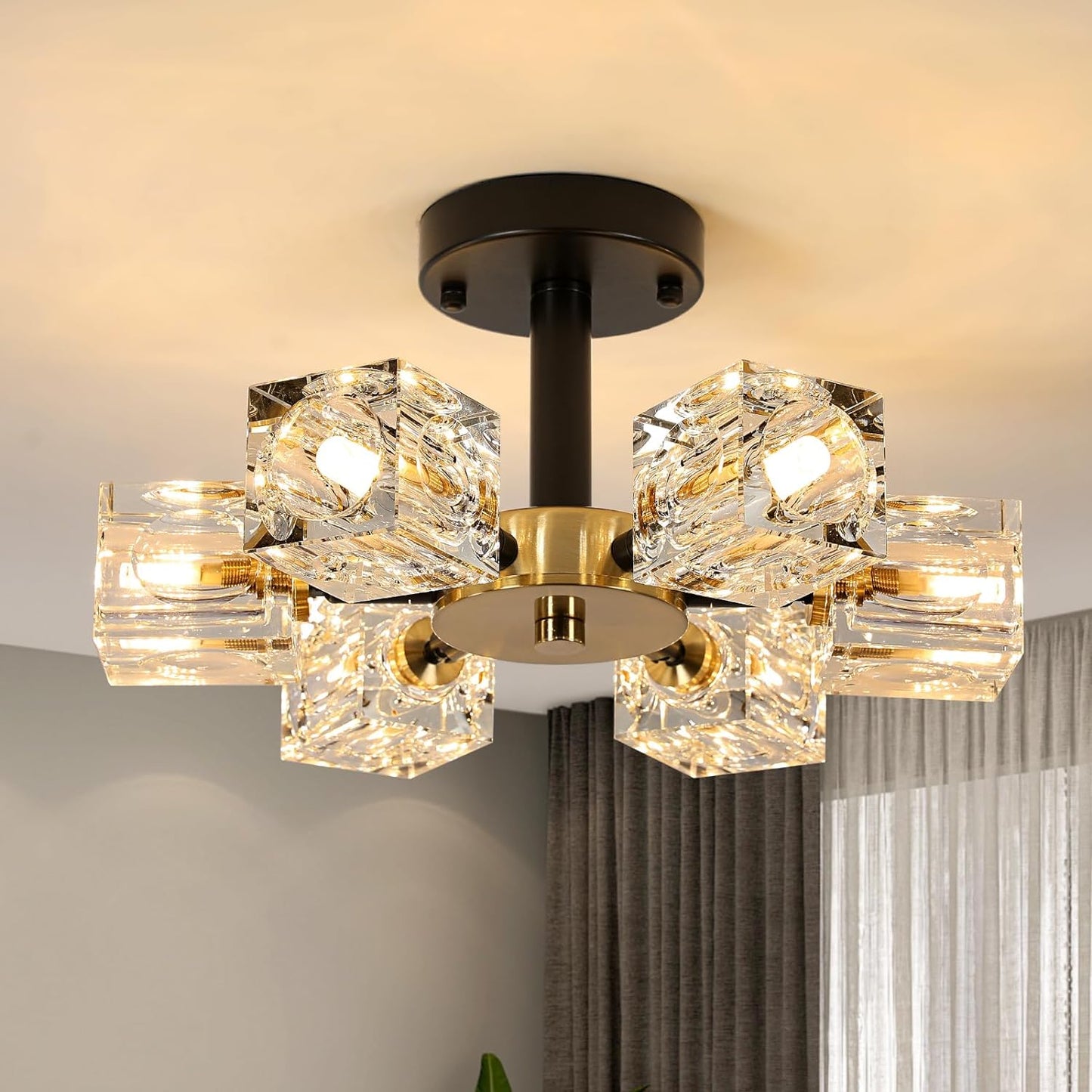 Crystal Light Fixture, 6-Light Black Gold Dining Room Light Fixture