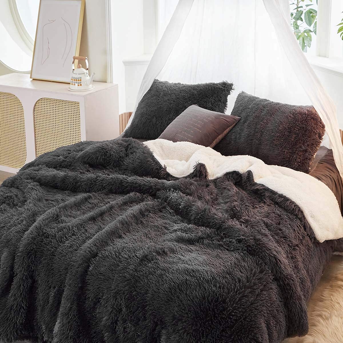 Gray Faux Fur Comforter Set Full/Queen 3 Pieces Bedding Set