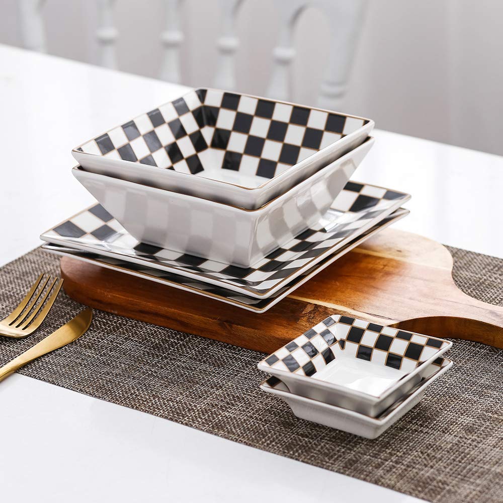 Checker 16-piece Square Dinnerware Set for 4 with Side Dishes