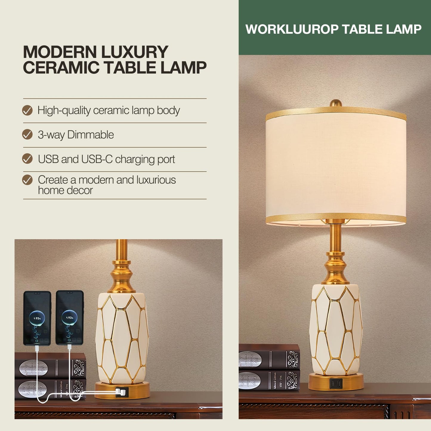 Set of 2 Touch Control Ceramic Table Lamps for Bedroom Livingroom