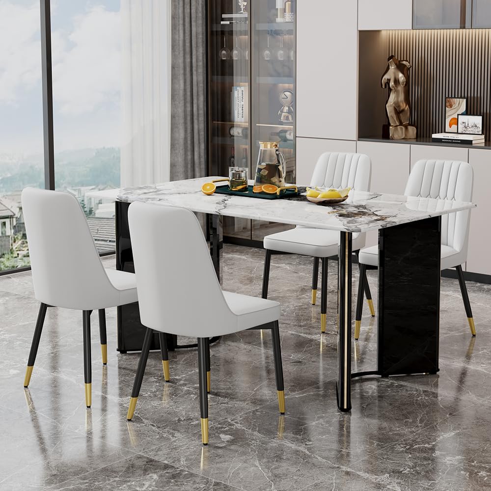 Dining Table Set for 6, White Faux Marble Pattern Table with 6 Modern Dining Chairs