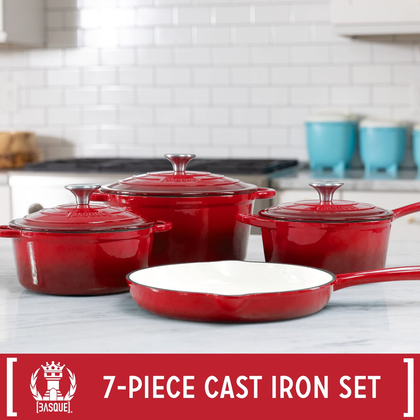 Enameled Cast Iron Cookware Set (Rouge Red), 7-Piece Set, Nonstick