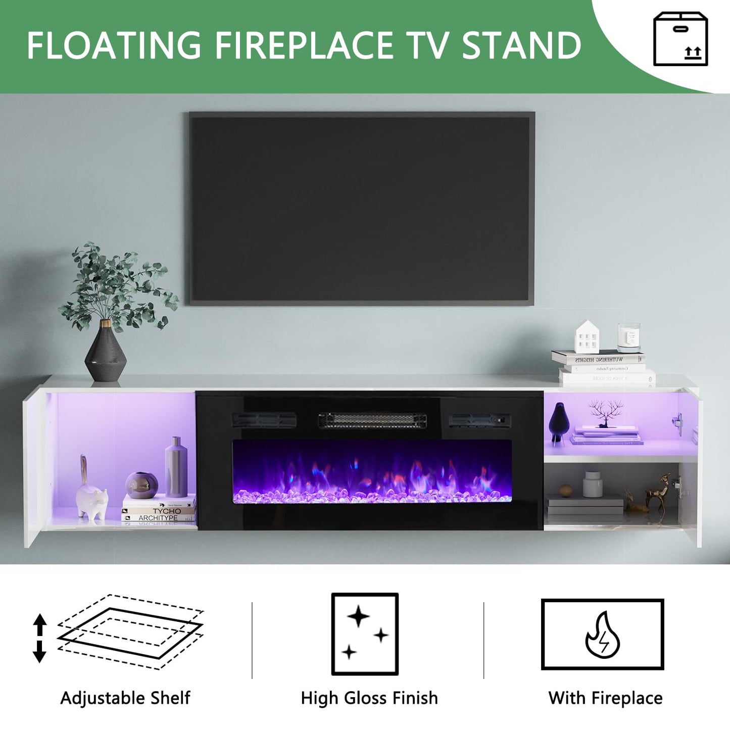 High Gloss Living Room Entertainment Center Including Floating Fireplace