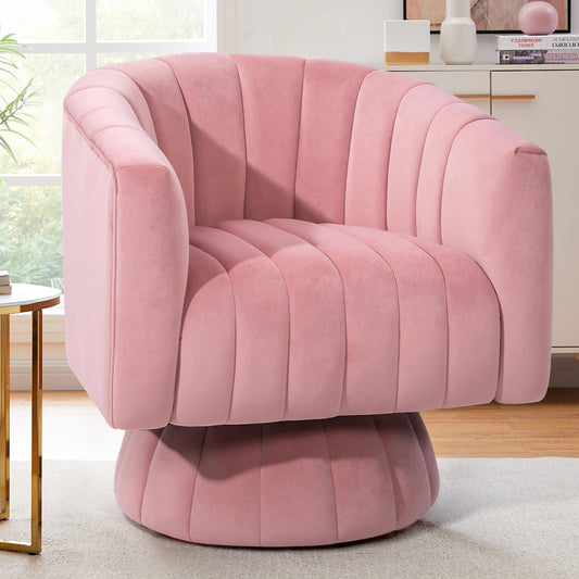 Swivel Barrel Chair with Armrest, Overstuffed Tufted Velvet, Pink