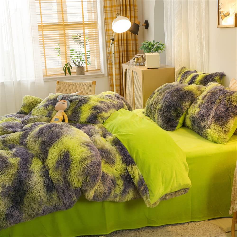 Faux Fur Tie-dyed Green Gray Black Colorful Comforter Sets Queen - 3PC Bed Set