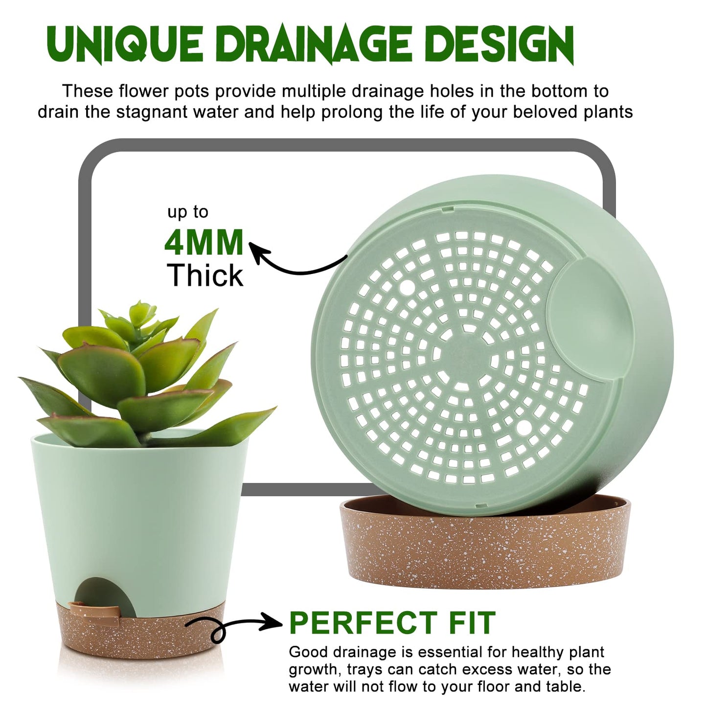 Indoor Self Watering Planters with Drainage Holes and Saucers, Black, 6 Pots