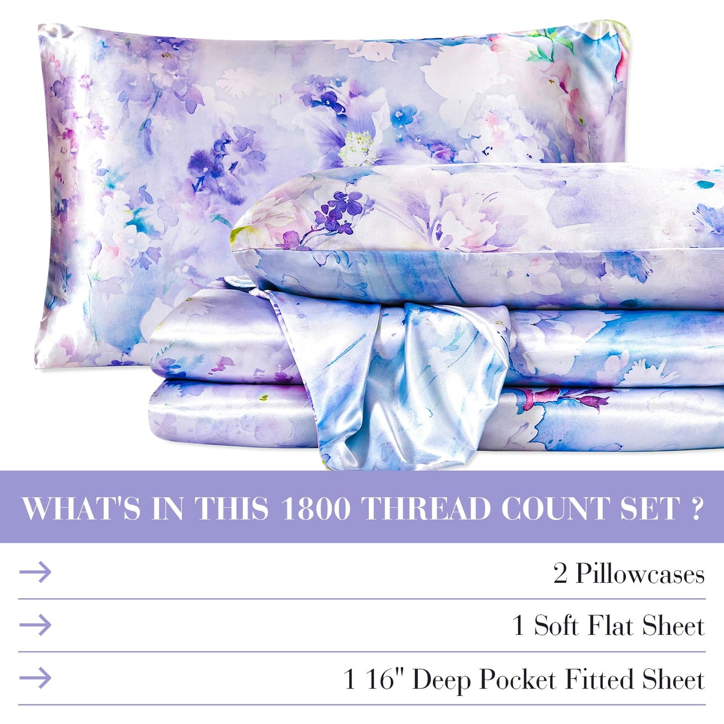 Floral Print - Luxurious Silky Feel Queen Sheet Set - Elegant Smooth Satin Bed Sheets