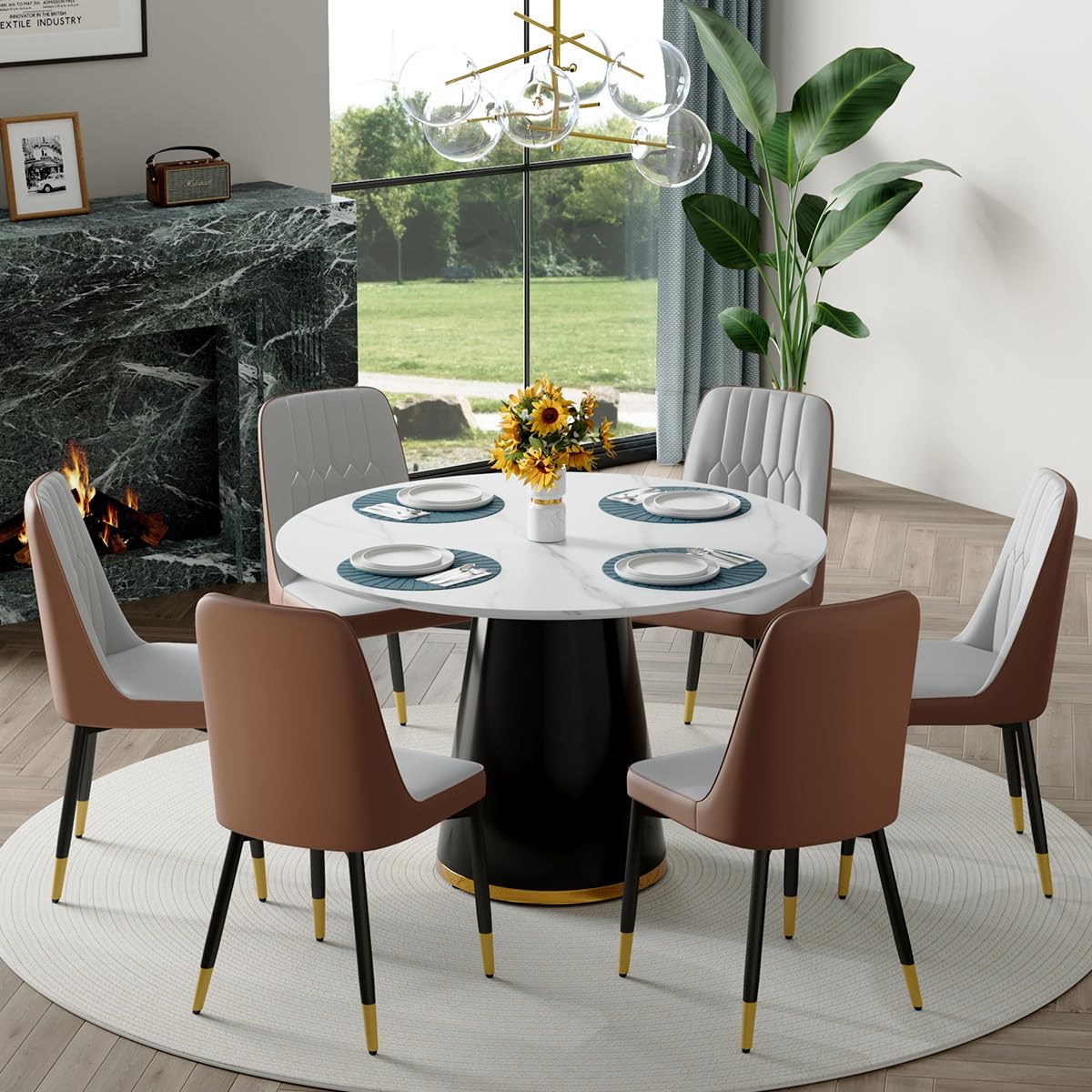 Round Dining Table Set for 6, 45''Round Wooden Dining Set