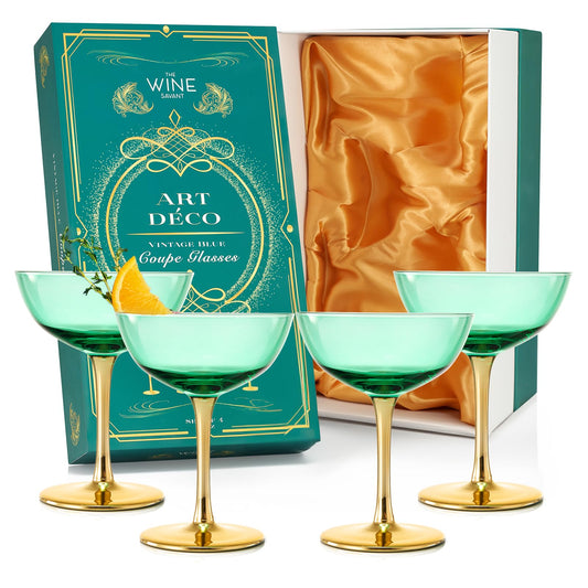 Colored Coupe Art Deco Glasses, Gold | Set of 4 | 8 oz Classic Cocktail Glassware