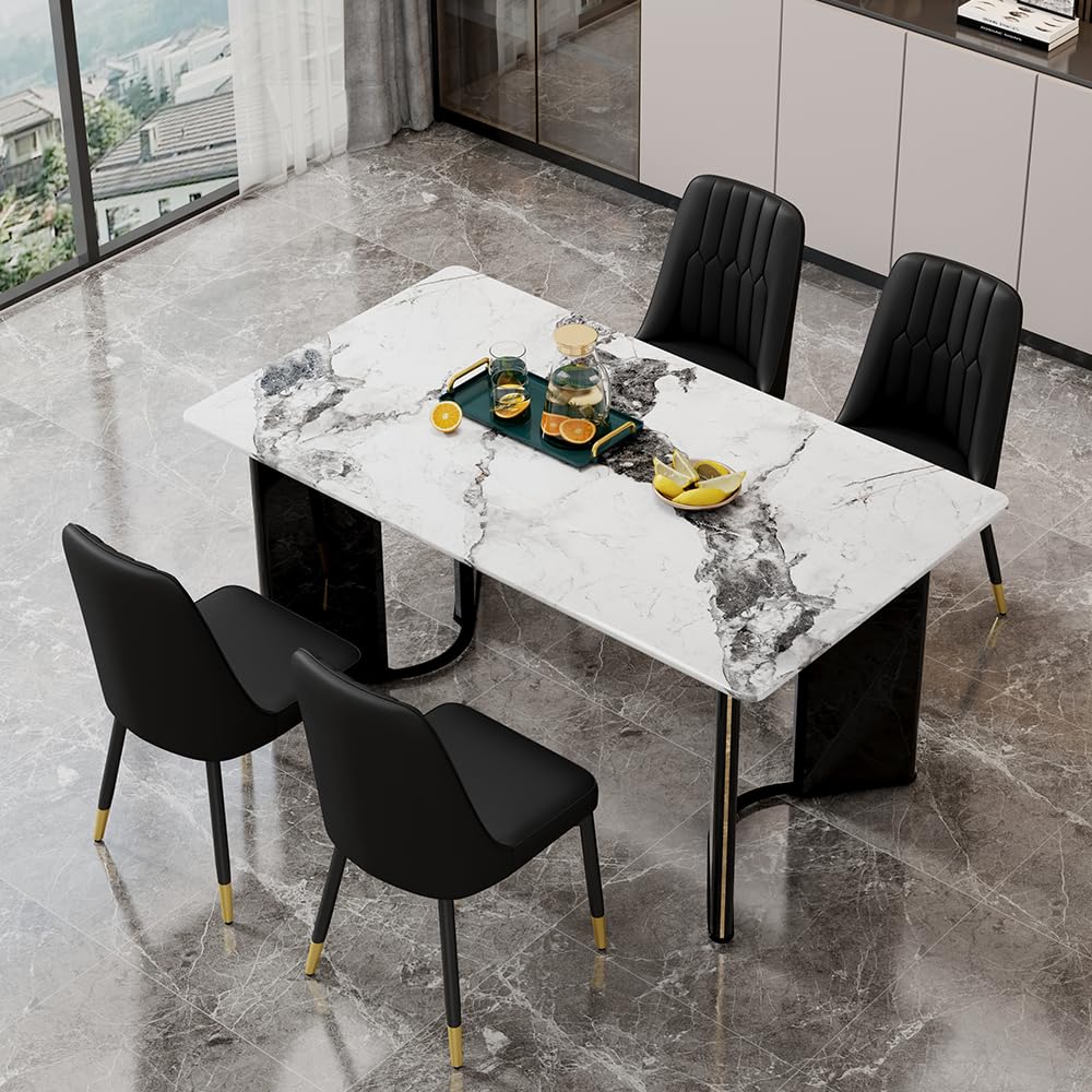 Dining Table Set for 6, White Faux Marble Pattern Table with 6 Modern Dining Chairs