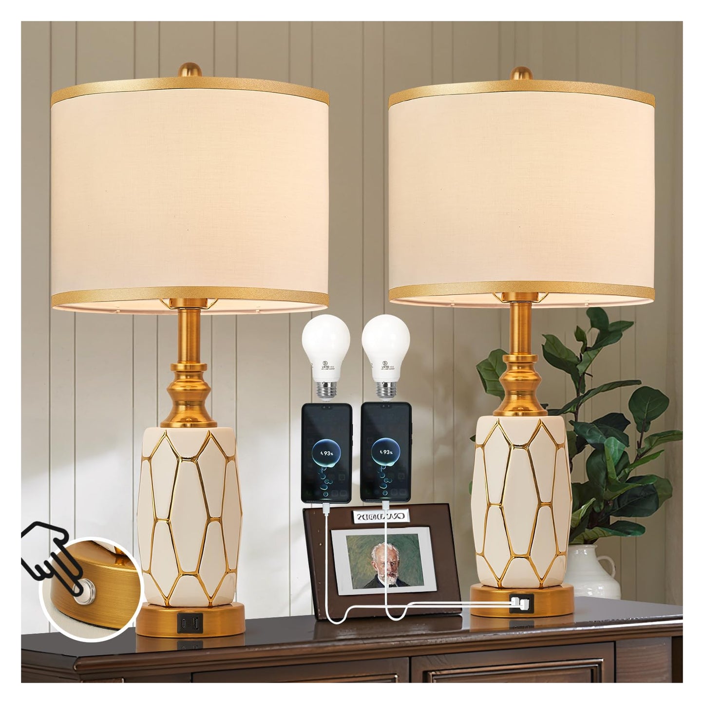 Set of 2 Touch Control Ceramic Table Lamps for Bedroom Livingroom