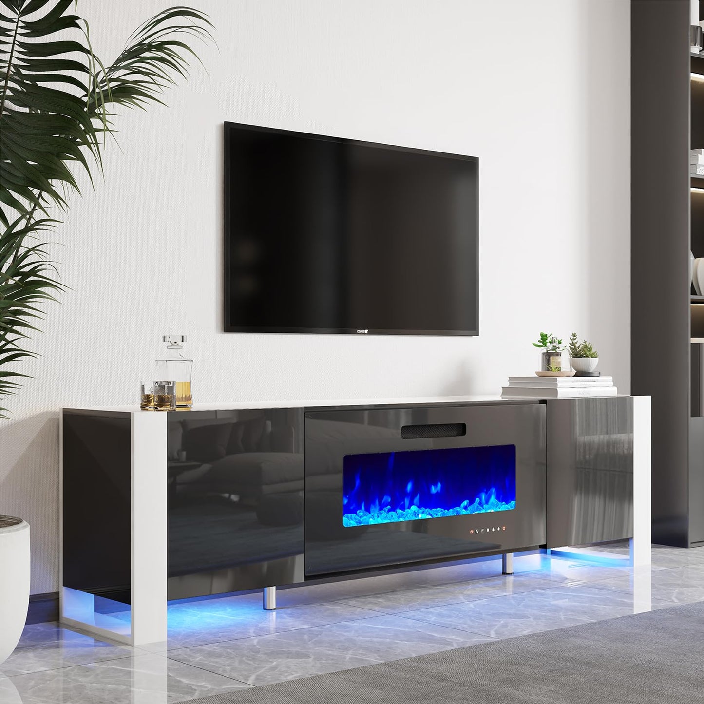 Fireplace TV Stand with 36" Fireplace, 70" Modern High Gloss Entertainment Center