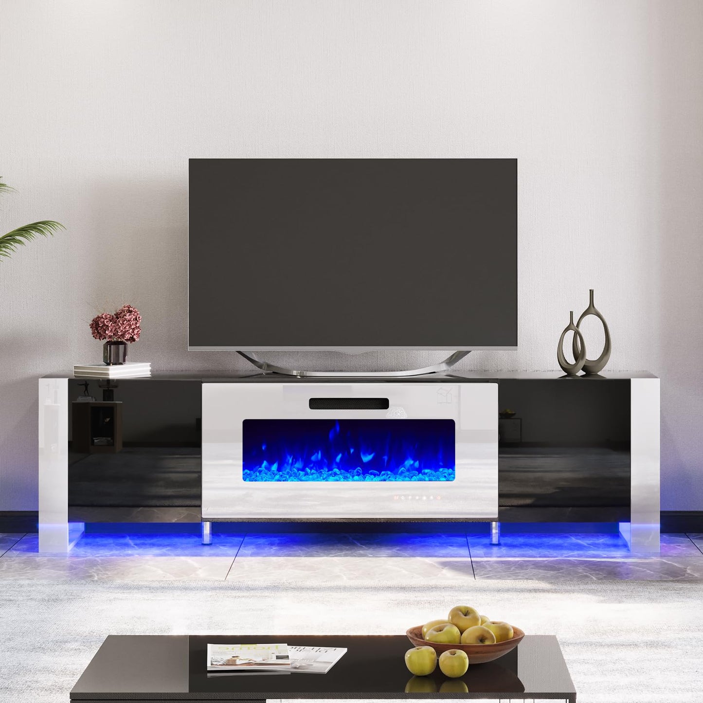 Fireplace TV Stand with 36" Fireplace, 70" Modern High Gloss Entertainment Center