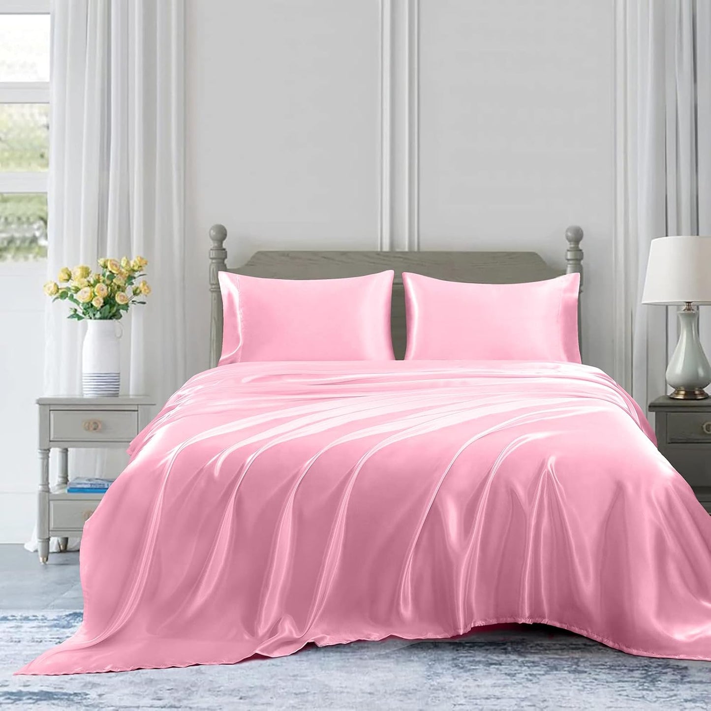 4pcs Satin Sheets Set Luxury Silky Satin Bedding Set with Deep Pocket