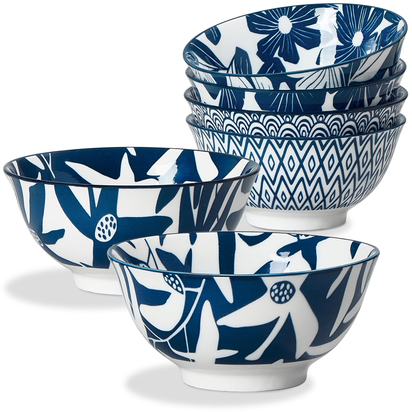 10 oz Ceramic Small Bowl Set of 6 - Microwave Safe Side Dish Bowls - Blue and White