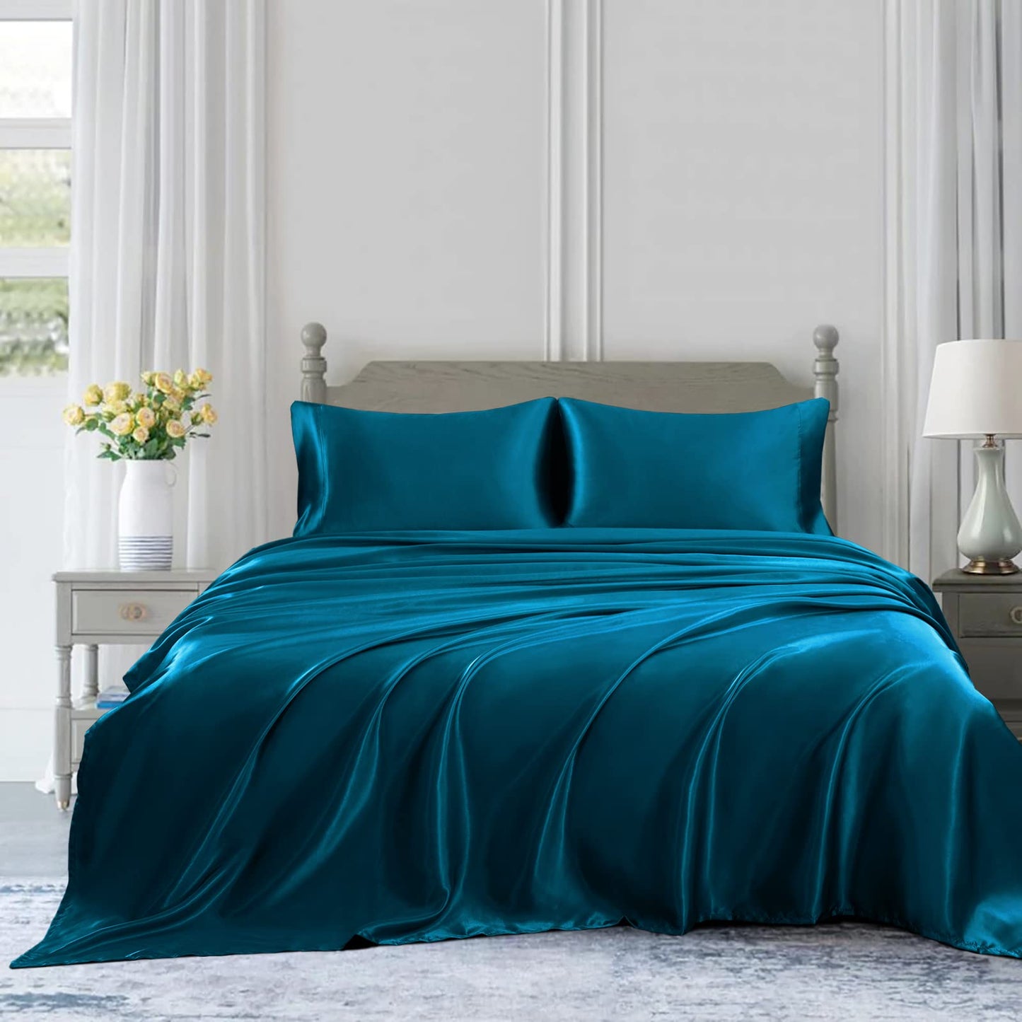 4pcs Satin Sheets Set Luxury Silky Satin Bedding Set with Deep Pocket