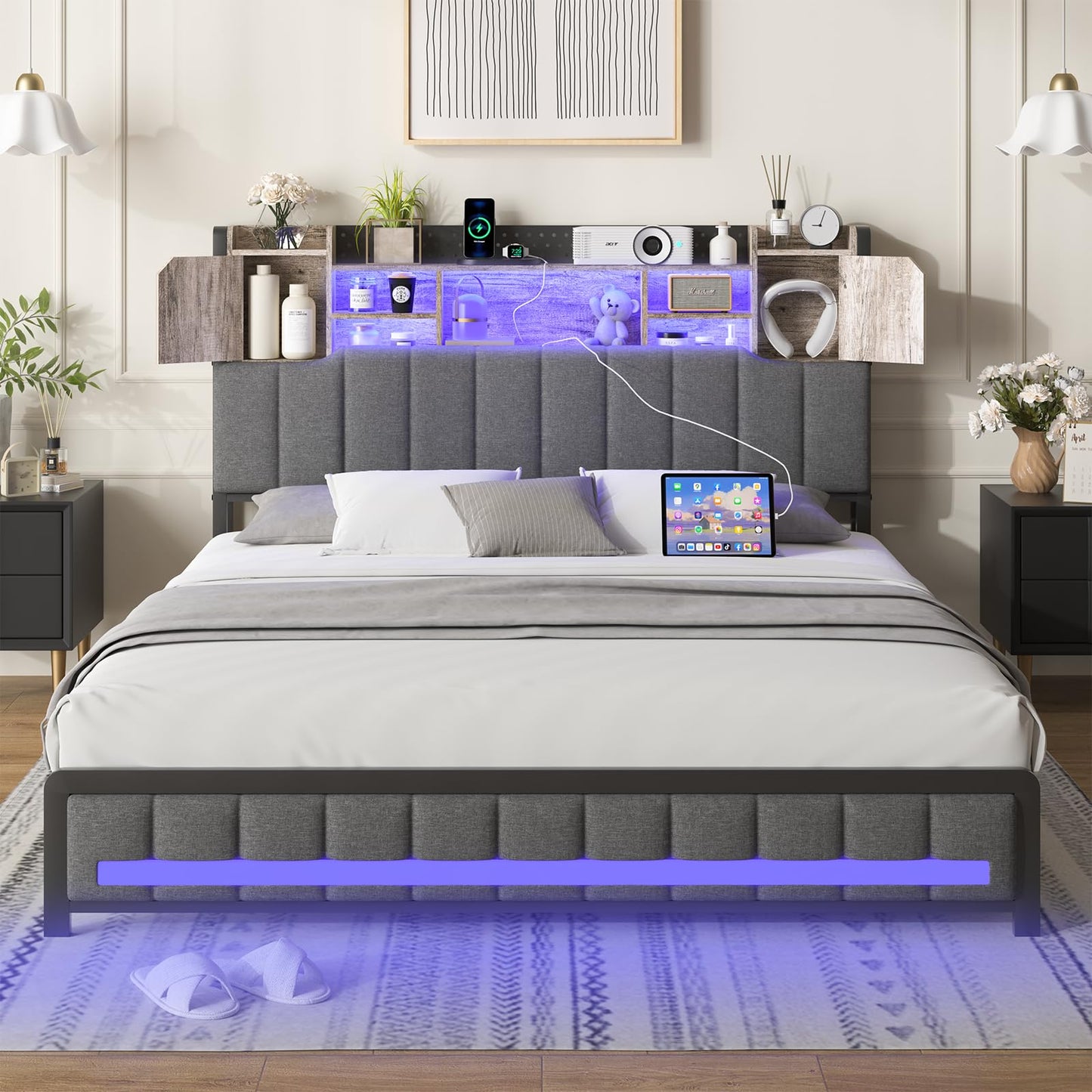 King LED Upholstered Metal Bed Frame with Storage Headboard