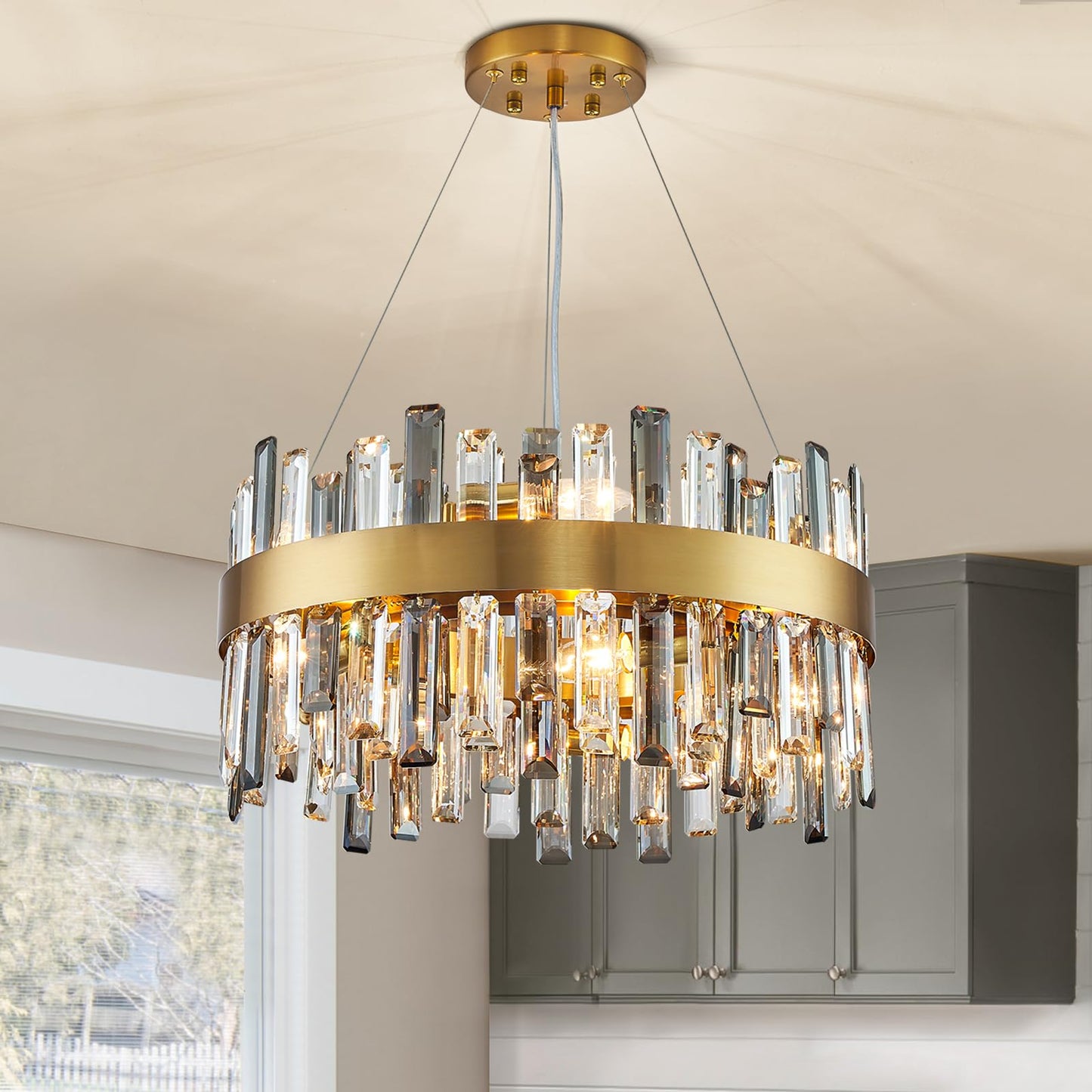 12 Lights Brass Gold Raindrop Crystal Chandelier Lighting, Adjustable Hanging Pendant