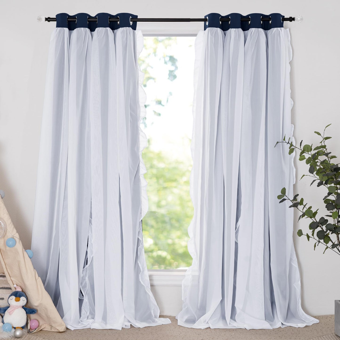 Blackout Window Treatment Double Layer Drapes Ruffle Sheer Overlay 2 Panels