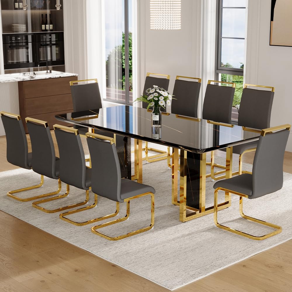 79" Black Modern Dining Table Set for 8,Black Golden Chairs