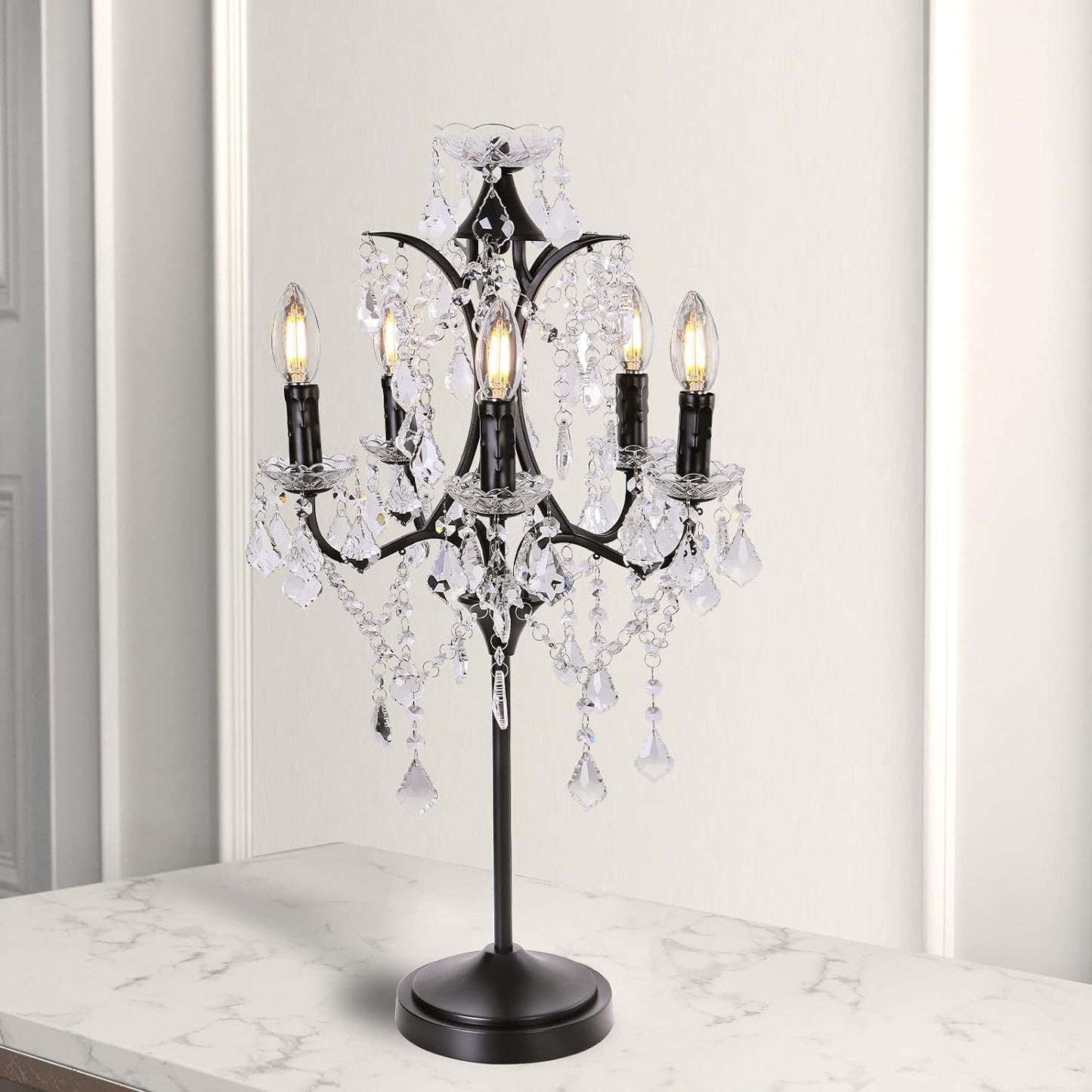 5-Light Crystal Table Lamp, Black Craft Candelabra Lighting