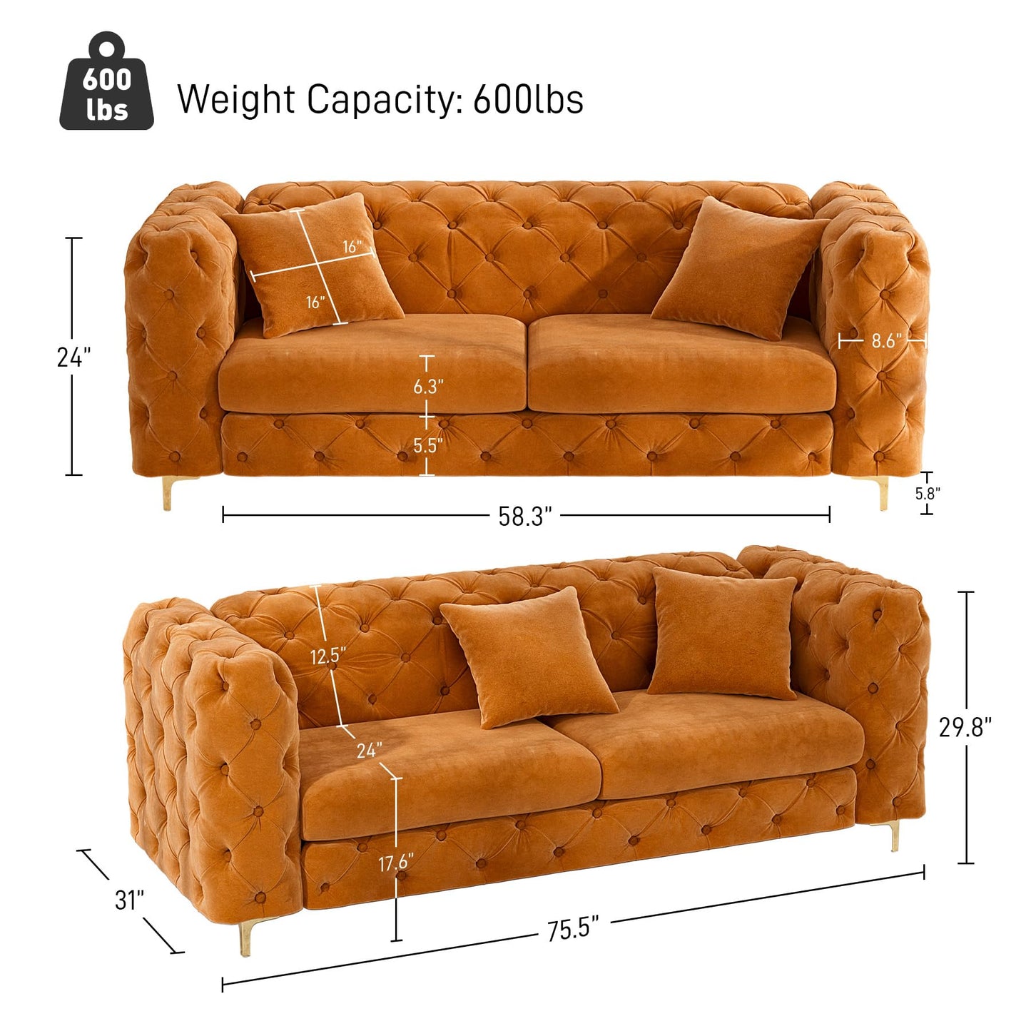 75 Inch Sofa Couch Modern Velour Upholstered Couch Tufted Casual Velvet Sofa