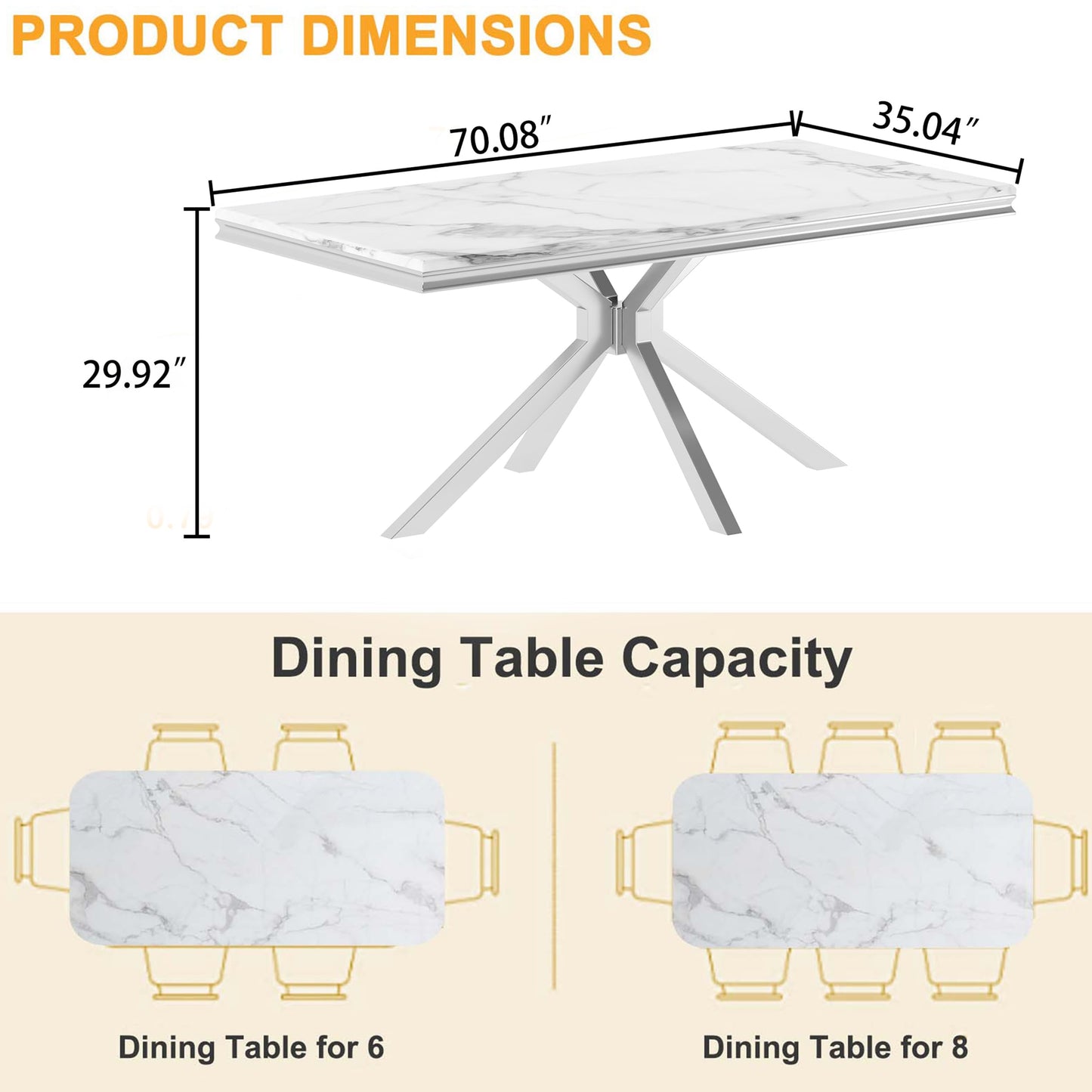 70 Inch White Marble Kitchen Table with Gold Mirrored Cabriole Legs