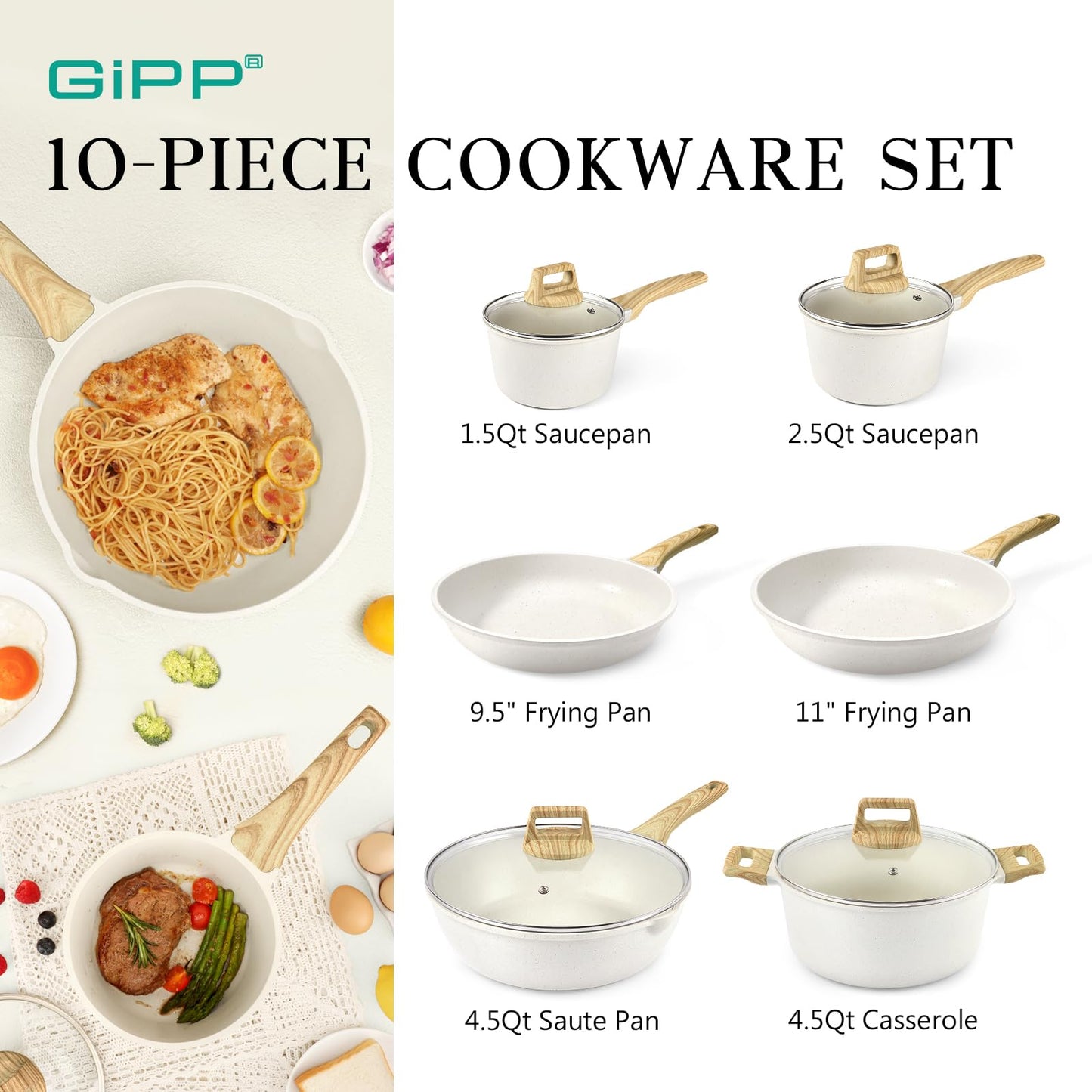 Pots and Pans Set Non Stick - 10 Pcs White Granite Kitchen Cookware Sets