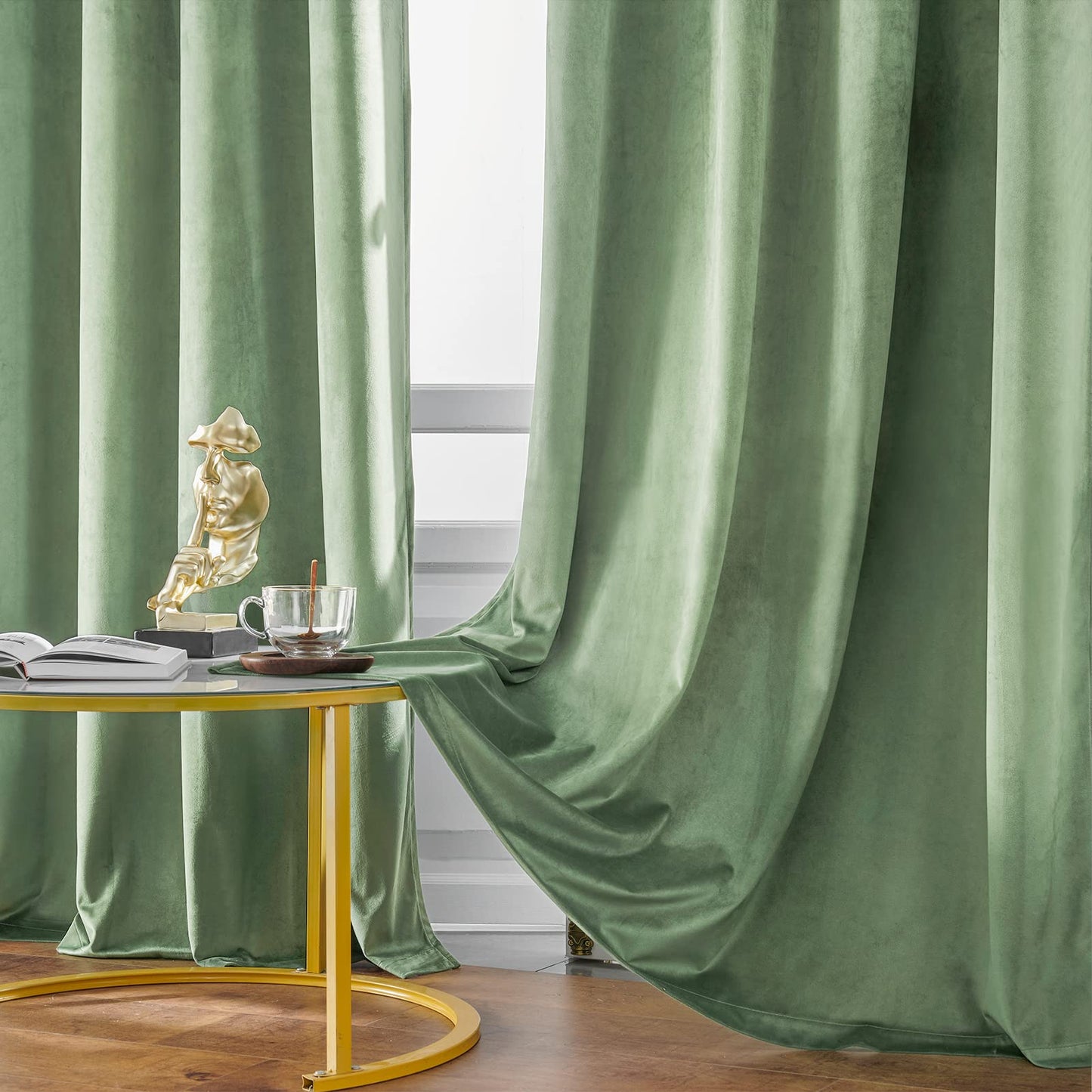 Green Velvet Blackout 90 Inch Curtains, Sage Green, 2 Panels