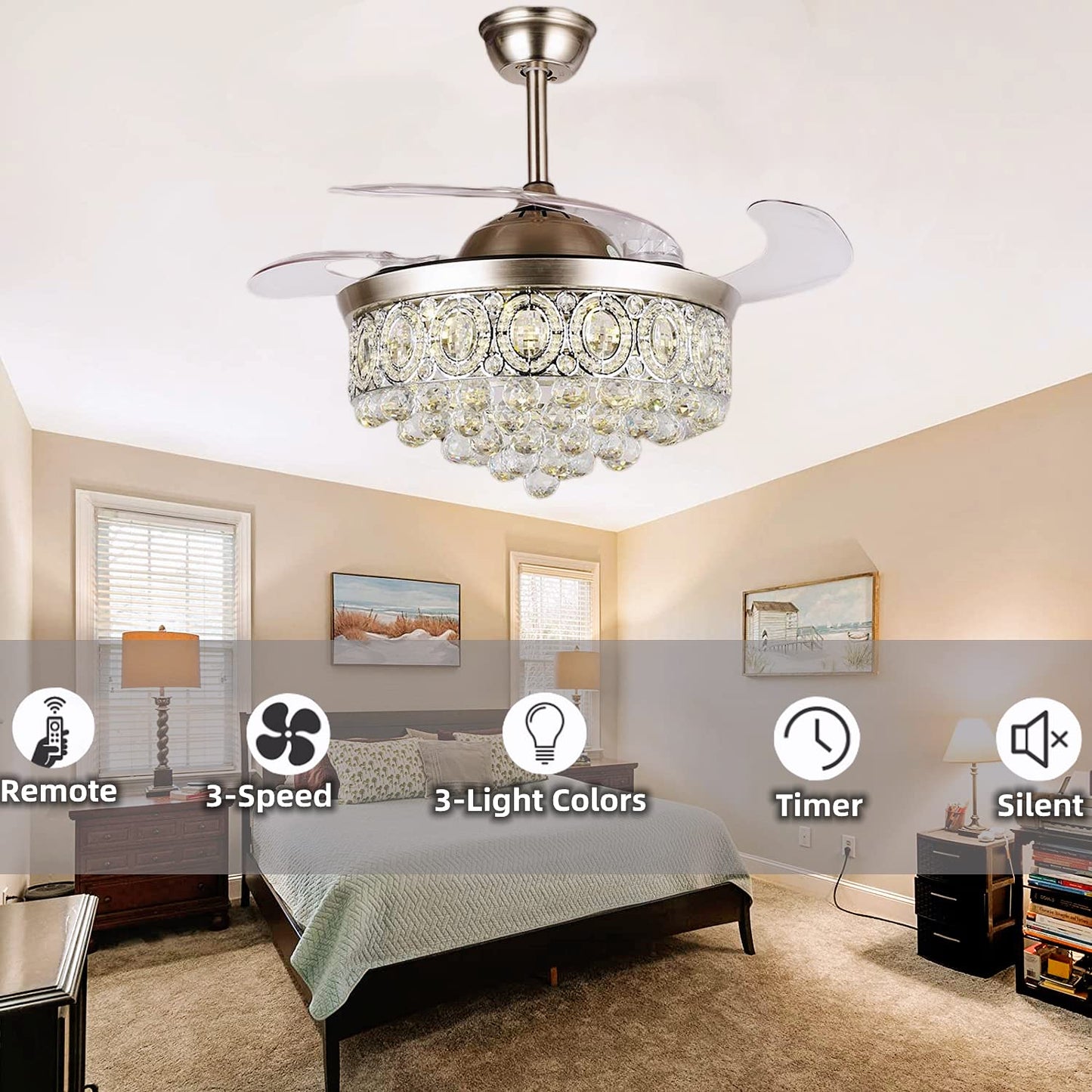 42" Crystal Ceiling Fan with LED Light and Remote Control