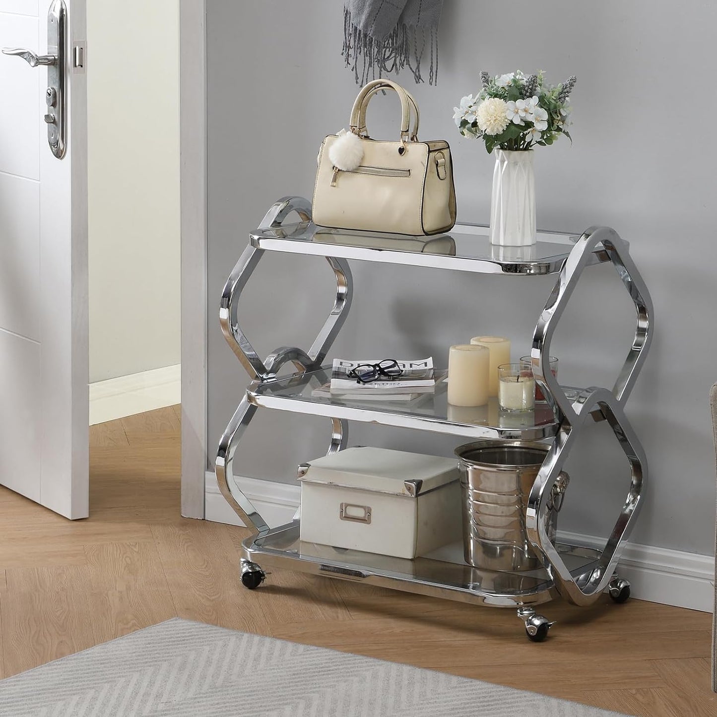 Silver Bar Cart with Wheels Glass Bar Cart for Home Metal Console Table with Storage